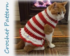 an orange and white cat wearing a red and white crocheted sweater sitting in front of a fireplace