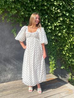 midi dot printed smocked bust dress true to size, model is wearing a small White Smock Dress, Bust Dress, Smocked Dress, Dress Midi, Smock Dress, Dot Print, Smocking, Polka Dot, Polka Dots