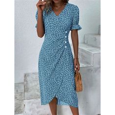 Season:Summer,Spring; Fabric:Polyester; Sleeve Length:Short Sleeve; Look After Me:Wash separately; Gender:Women's; Style:Mature,Modern,Fashion,Classic; Elasticity:Inelastic; Occasion:Holiday,Vacation,Going out,Daily; Fit Type:Regular Fit; Dresses Type:SpringDress,Print Dress,Summer Dress,Floral Dress,Wrap Dress; Pattern:Ditsy Floral,Floral; Design:Print,Button; Neckline:V Neck; Front page:FF; Listing Date:03/29/2023; 2024 Trends:2023; Bust:; Length:; Sleeve:; Fit US Size:; Fit UK Size:; Fit EU S Elegante Y Chic, Maxi Dress Pattern, Floral Bodycon, Cotton Blends Dress, Soft Classic, Irregular Hem, Sleeves Clothing, Flounce Sleeve, Midi Dress With Sleeves