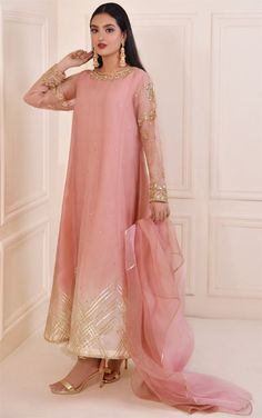 Lyla Transitional Organza Sets With Gota Work, Elegant Pink Cotton Silk Sharara, Organza Kurta With Gota Work, Elegant Cotton Silk Dress With Gota Work, Pink Cotton Silk Sets For Wedding, Pink Cotton Silk Wedding Set, Organza Palazzo Set With Traditional Drape, Elegant Pink Chanderi Palazzo Set, Cotton Silk Sharara For Eid Wedding