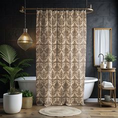 a bathroom with a bathtub, rug and shower curtain in brown colors on the wall