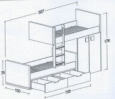 a drawing of a bunk bed with drawers and cupboards in the bottom drawer area