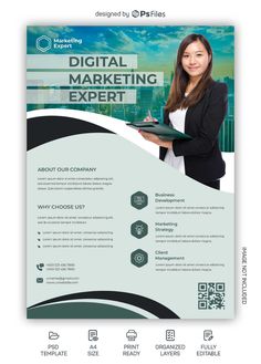 a business flyer template with an image of a woman holding a clipboard in her hand