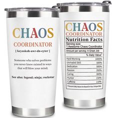 two stainless steel tumblers with labels for the names of different types of food items