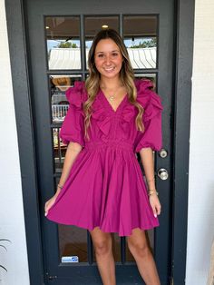 Chic Flowy Puff Sleeve V-neck Dress, Pink Puff Sleeve V-neck Dress With Ruffles, Casual Puff Sleeve Dress With Ruffle Sleeves For Brunch, Pink V-neck Puff Sleeve Dress With Ruffles, Billowy Ruffled Mini Dress For Day Out, Flowy V-neck Puff Sleeve Dress For Brunch, Chic V-neck Mini Dress With Gathered Waist, Casual Puff Sleeve Dress With Ruffle Hem, Casual Flowy V-neck Puff Sleeve Dress