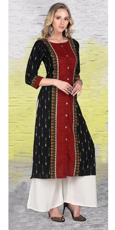 Sambalpuri Kurti Neck Designs Latest, Black Ikkat Kurti Designs, Latest Suit Designs 2023, Sambalpuri Dress Design Women, Kotan Kurti Designs Latest, Red And Black Suit Women, Patchwork Kurti Designs, Sambalpuri Kurti Designs Latest, Latest Kurti Designs Pattern 2023