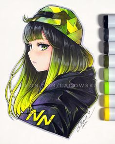 a drawing of a girl with green hair and a beanie on her head, next to some markers