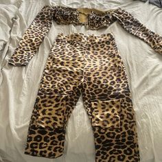 Two Piece Leopard Print Pants Suit. Never Worn Casual Leopard Print Party Bottoms, Spring Party Leopard Print Bottoms, Army Field Jacket, Dark Grey Dress Pants, Tartan Plaid Dress, Green Dress Pants, High Waisted Ripped Jeans, Leopard Print Pants, Satin Crop Top