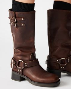 ASTOR Brown Leather Knee High Boot | Women's Boots – Steve Madden Aesthetic Boots, Blanket Aesthetic, Brown Leather Knee High Boots, Biker Look, Engineer Boots, Steve Madden Store, Leather Socks, Design Square, Biker Boots