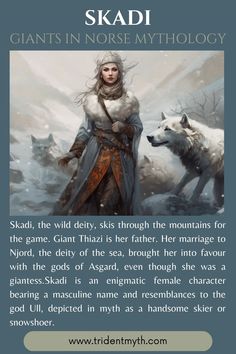 an image of a woman and two wolfs with the text skadi giants in horse mythology