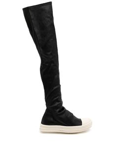 black/milk leather blend matte finish stretch-design draped detailing round toe rubber toecap contrasting toecap leather lining pull-on style thigh-high ridged rubber sole Style Rick Owens, Knee High Sneakers, Rick Owens Boots, Knee High Stockings, Weekend Looks, Dark Style, Iconic Bags, Black Milk, Sneakers Grey