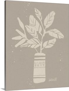 a plant in a vase with leaves is shown on a gray and white wallpaper