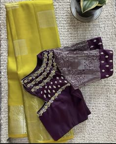 Saree Blouse Combination Color Combos, Wine Colour Saree Blouse Combination, Velvet Blouse Design, Blouse Inspiration, Maggam Blouses, Garba Dress, Embroidered Blouses, Combination Dresses, Simple Frock Design