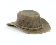 Our weaved leather cowboy hats are made of genuine cowhide leather. This beautifully handcrafted hat is made with fine craftsmanship and materials. Any scars, wrinkles or other subtle variations are characteristics of natural leather and do not affect its strength or quality. The unisex leather hat is embellished with brass conchos. The crown of the had also boasts a braided hat band. Use the strap for windy days or to keep it around your neck while traveling so you won't lose it. Perfect access Western Brown Straw Hat For Outdoors, Western Style Brown Straw Hat For Outdoor, Brown Western Straw Hat For Outdoor, Brown Western Style Straw Hat For Outdoor, Brown Western Style Outdoor Straw Hat, Western Braided Hat Bands For Rodeo, Braided Western Hat Bands For Rodeo, Western Braided Hat For Festival, Distressed Brown Country Hat For Rodeo