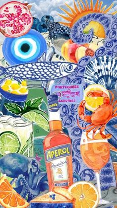 a painting of various types of food and drinks