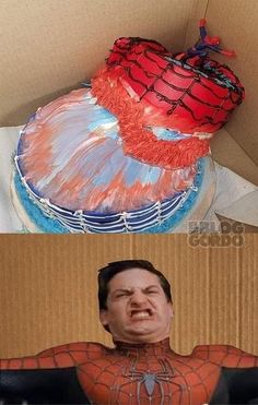 two pictures one with a spiderman cake and the other with a fake man's face