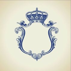 a blue and white drawing of a crown on top of a shield with scroll work