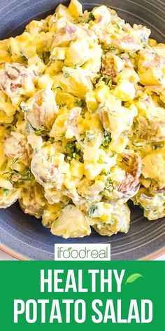 healthy potato salad in a blue bowl with text overlay that says healthy potato salad