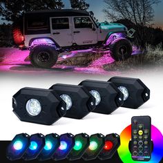 four different color lights on the side of a jeep with an image of a truck in the background