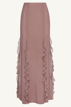 Indulge in the exquisite elegance of the Adriana Waterfall Mesh Maxi Skirt in Twilight Mauve. Crafted from delicate mesh fabric, this skirt features a cascading waterfall ruffle detail and flattering princess seams. Perfect for making a sophisticated statement at any event or occasion. Model is 5'7" and is wearing size S/44". Please note this garment runs tight. We kindly recommend choosing one size up from your usual size. Elegant Tulle Lined Maxi Skirt, Chic Wedding Skirt With Ruffles, Elegant Skirted Tulle Bottoms, Elegant Tulle Skirt With Ruffles, Elegant Skirt With Ruffles, Elegant Tulle Skirt With Attached Cancan, Flowy Party Skirt With Ruffles, Elegant Spring Skirt With Layered Hem, Formal Skirt With Voluminous Ruffles