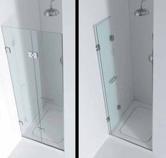 two pictures of the same shower stall in different positions, one is closed and the other has no door