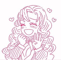 a drawing of a girl holding her hands up to her face with hearts in the background