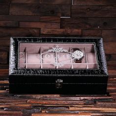 Black Engraved Glass Top Faux Leather Watch Box - Christmas Day Gifts Personalized Watch Box, Watch Box For Men, Personalized Watch, Mens Watch Box, Leather Watch Box, Personalized Watches, Crocodile Leather, Watch Box, Christmas Box