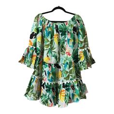 True Destinations Resort Wear Off The Shoulder Bell Sleeve Dress Green Nwt - New With Tag Size Large - Pull-On Style - Print Featuring Tropical Foliage, Flowers, And Bananas - White Pompom Fringe - Tiered - Cotton Measurements (Measured Flat) Pit To Pit: 20” Length: 28.5” Sleeve Length: 21” Tropical Pool Swim Beach Island Destin Resorts, Tropical Pool, Destination Dress, Beach Island, Tropical Foliage, Bell Sleeve Dress, Resort Wear, Bell Sleeve, Bananas