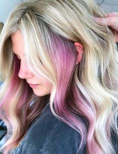 Pop Of Vivid Color Hair, Coloured Hair Underneath Blonde, Blonde With Fun Colors Underneath, Pastel Hair Underneath, Blond Hair With Fun Colors, Blonde With Coloured Streaks, Blonde Hair Color Streaks, Color Peekaboo Hair Blonde, Peekaboo Color On Natural Hair