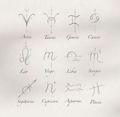 an image of zodiac signs written in cursive writing on paper with pen and ink