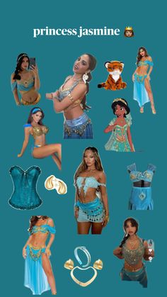 an advertisement for the princess jasmine show, featuring several different costumes and accessories