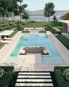 an artist's rendering of a swimming pool surrounded by hedges and trees with benches