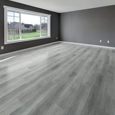 an empty room with gray walls and wood floors