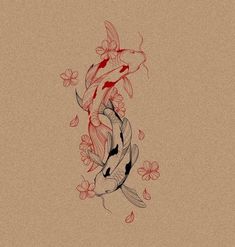 a drawing of two koi fish in water with flowers on the bottom and side