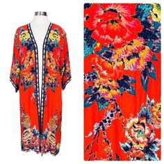 Flying Tomato Open Front Floral Kimono Color: Red/Floral Print Size: M/L Nwt This Great Kimono Features: - Bright Red-Orange Background W/ Multicolored Floral - Lined At Center, Neck, Hem & Sleeves W/ Geometric - Elbow-Length Billowing Sleeves - Longer (Mid-Thigh) Length - Open Front - Fabric Tag Pictured: 100% Rayon Perfect For Wearing Over A Tee With Jeans, W/ A Dress, As A Swim Cover Up, Or As A Robe - So Versatile! Measurements Are Approximate: Armpit To Armpit- 22.5 In Length- 42 In Please Summer V-neck Printed Kimono, Floral Embroidered V-neck Kimono For Summer, V-neck Printed Kimono, Printed Cotton V-neck Kimono, Flying Tomato, Stone Fox, Multicolor Floral Print V-neck Kimono, Fabric Tags, Floral Kimono