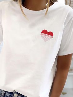 Casual Heart and Letter Print Short Sleeve T-shirt Summer Tops With Heart Graphic And Crew Neck, Summer Graphic Tee With Heart Print, Casual Red T-shirt With Heart Graphic, Casual Short Sleeve Tops With Heart Graphic, Casual Heart Print T-shirt For Summer, Spring Heart Print Crew Neck T-shirt, Casual Short Sleeve T-shirt With Heart Print, Casual White Tops With Heart Graphic, Casual White Top With Heart Graphic