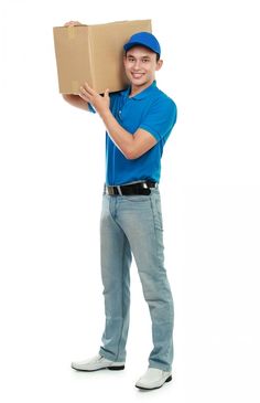 a man holding a cardboard box on his shoulder