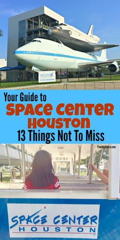 the space center houston sign with an airplane in the background