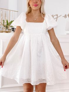 White Princess Daisy Dress | sassyshortcake.com Cute White Puffy Dress, Babydoll Dress White, White Babydoll Dress Outfit, White Dress Dance, Cute Dresses White, Babydoll Dress Aesthetic, White Puff Dress, White Puffy Dress, Tulle Babydoll Dress