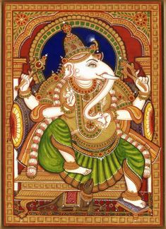 an elephant painted on the side of a painting with gold and green accents, sitting in front of a blue background