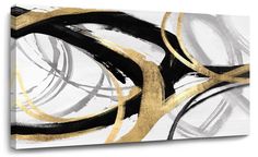 an abstract painting with gold and black circles on white background canvas wall art print, ready to hang