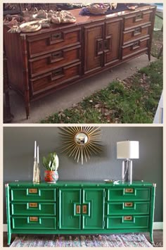 two pictures side by side one has a green dresser and the other has a gold sunburst