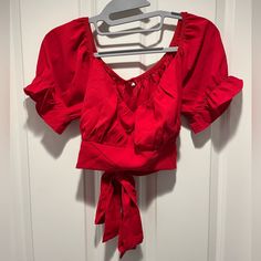 New Without Tags* Red Short Sleeve Off Shoulder Tie Up Back Crop Top Blouse Details In Pictures. Red Puff Sleeve Top With Ruffles, Red Puff Sleeve Blouse With Ruffles, Summer Red Puff Sleeve Blouse, Red Puff Sleeve Blouse For Summer, Amazon V-neck Tops For Spring, Amazon V-neck Spring Tops, Amazon Tops, Blouse Details, Ruffle Shorts