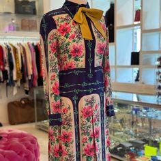 Gucci 2017 Blue Rose Print Silk Bow Detail Midi Dress In Very Good Condition, Please See Pircutes For More Details Fitted Gucci Silk Dress, Gucci Floral Dress, Gucci Floral Print Dress For Spring, Spring Gucci Long Sleeve Dresses, Gucci Fitted Floral Print Dress, Gucci 2017, Gucci Dresses, Silk Bow, Rose Print