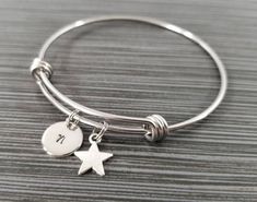 Star Bangle - Star Charm Bracelet - Expandable Bangle - Charm Bangle - Star Bracelet- Initial Bracel Star Charm Bracelet, Bible Verse Bracelet, Star Bangle, Expandable Bangle Bracelet, Star Necklace Silver, Bracelet Initial, Star Bracelet, Bff Gifts, Initial Bracelet