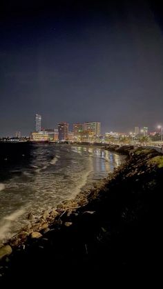 the city skyline is lit up at night by the water's edge with waves coming in