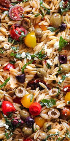 Greek Orzo with Tomatoes, Olives, Sun-Dried Tomatoes, Basil, and Feta - close-up photo. Medditeranean Side Dishes, The Mediterranean Dish.com, Greek Orzo Recipes, Greek Vegetables Side, Orzo Side Dish Recipes, Greek Sides Dishes, Mediterranean Side Dishes, Orzo Side Dish, Orzo Greek