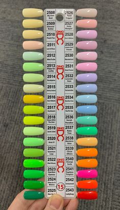 DND DC Gel Polish Color FREE SPIRIT- from 2508 to 2543 Duo of Gel and Lacquer Dnd Gel Polish Papaya Whip, Gel Beauty Colors, Spring Nails 2024 Dnd, Dnd Neon Green Gel Polish, Dnd Orange Gel Nails, Dnd Lemon Juice Gel Polish, Gel Nail Colors Summer 2020, Dnd Pale Yellow Nails, Dnd Little Miss Pointe