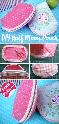 DIY Halfmoon Zip Pouch Clamshell Bag Pattern, Clam Bag Pattern Free, Shell Bag Diy, Half Moon Bag Pattern, Diy Bag Patterns, Cosmetic Bags Diy, Cosmetic Bag Tutorial, Diy Pouch No Zipper