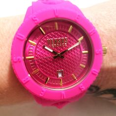 Versace V Silicone Watch Pink Chronograph Watch As Gift, Pink Chronograph Watch For Gift, Pink Watch With Subdials As Gift, Pink Watches With Subdials As A Gift, Luxury Pink Analog Watch, Pink Watches As Gift, Luxury Pink Watches With Subdials, Trendy Pink Analog Watch, Steve Madden Slippers